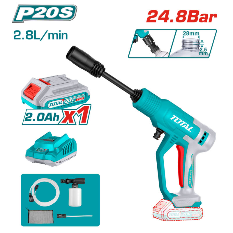 Akumulatorski visokotlačni čičstilec 24,8Bar/20V/2.0Ah-7.5Ah/P20S (SET Baterija 1x2Ah, Polnilec) (TPWLI20362E)