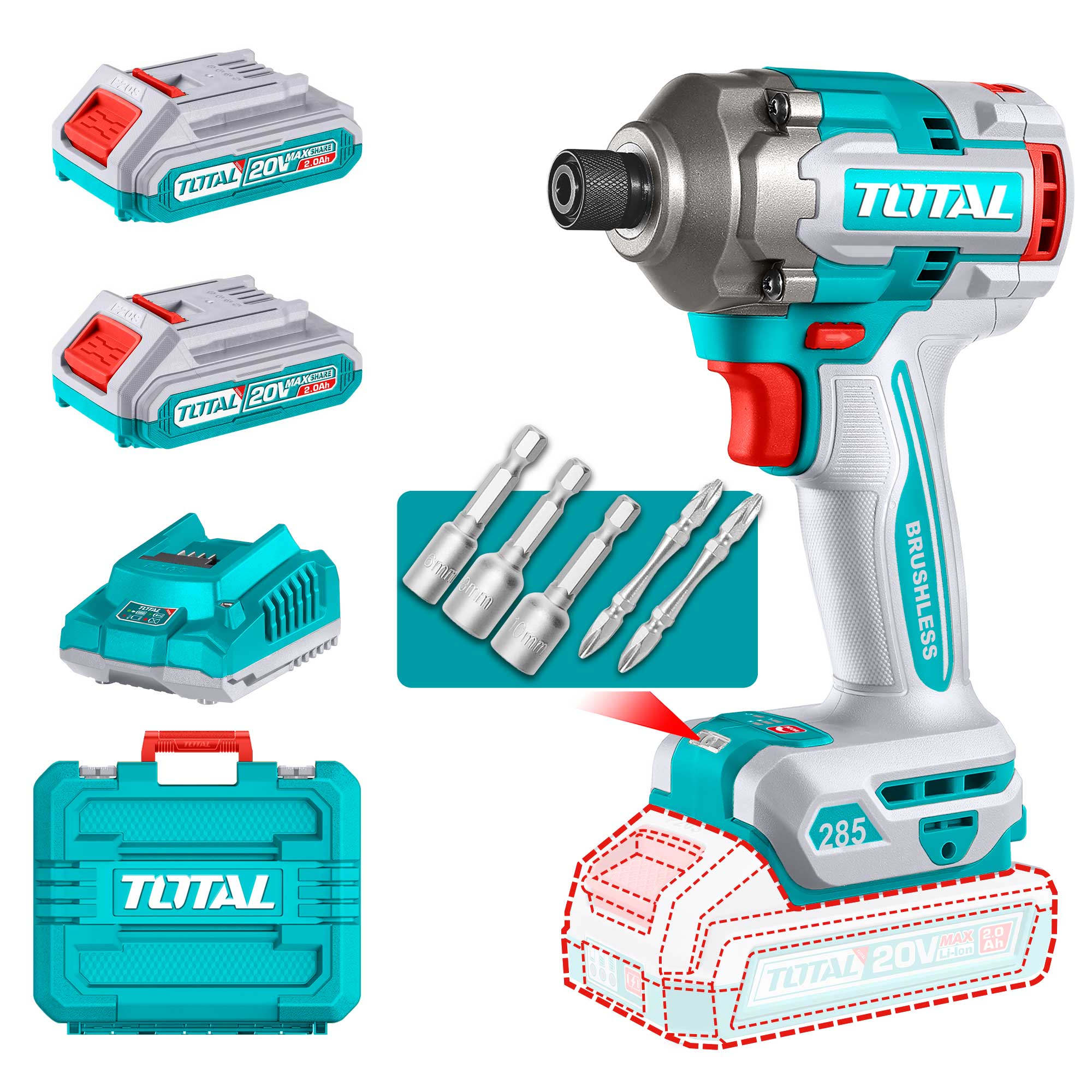 Lithium-ion impact driver 285Nm/6,35mm/ INDUSTRIAL (SET Battery 2x2Ah, Charger4A, Bag) (TIRLI2028E) Lithium-ion impact driver 285Nm/6,35mm/ INDUSTRIAL (SET Battery 2x2Ah, Charger4A, Bag) (TIRLI2028E)