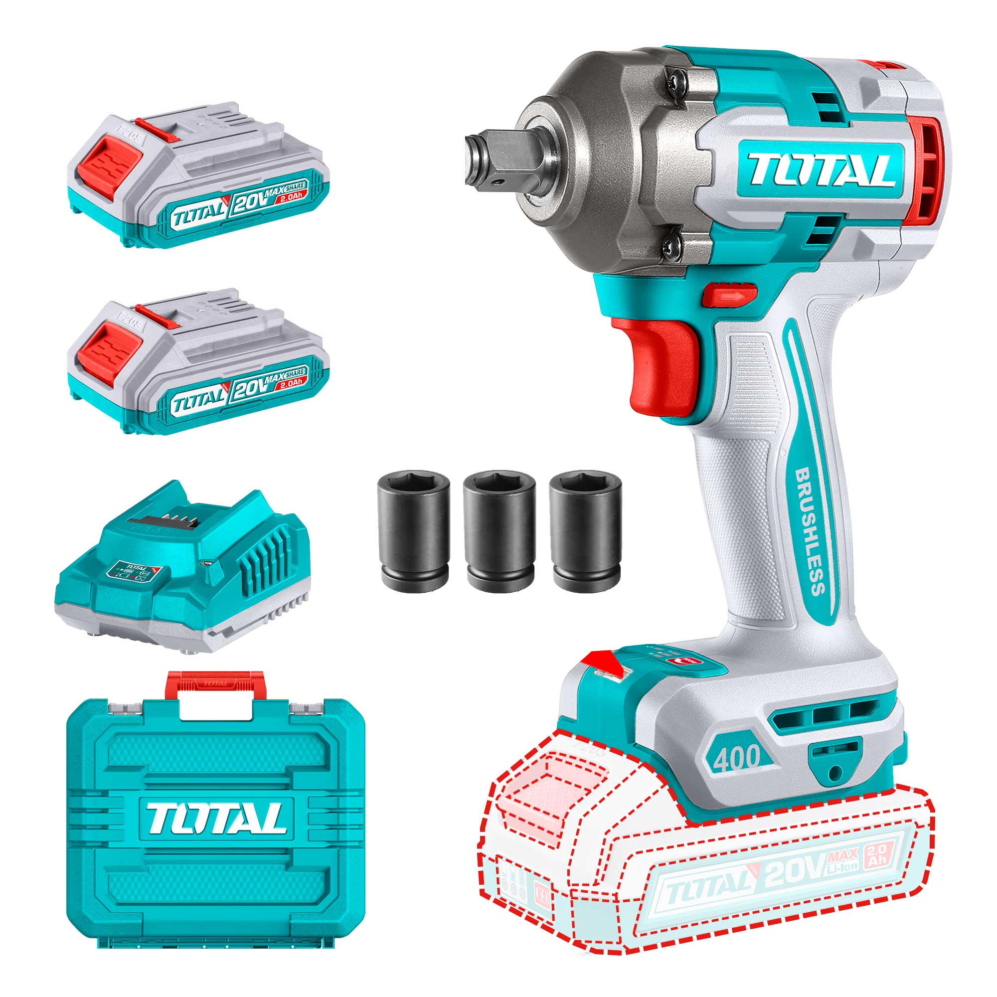 Lithium-ion impact wrench 400Nm/1/2"/ INDUSTRIAL (SET Battery 2x2Ah, Charger, Case) (TIWLI2040E) Lithium-ion impact wrench 400Nm/1/2"/ INDUSTRIAL (SET Battery 2x2Ah, Charger, Case) (TIWLI2040E)